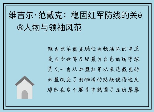 维吉尔·范戴克：稳固红军防线的关键人物与领袖风范